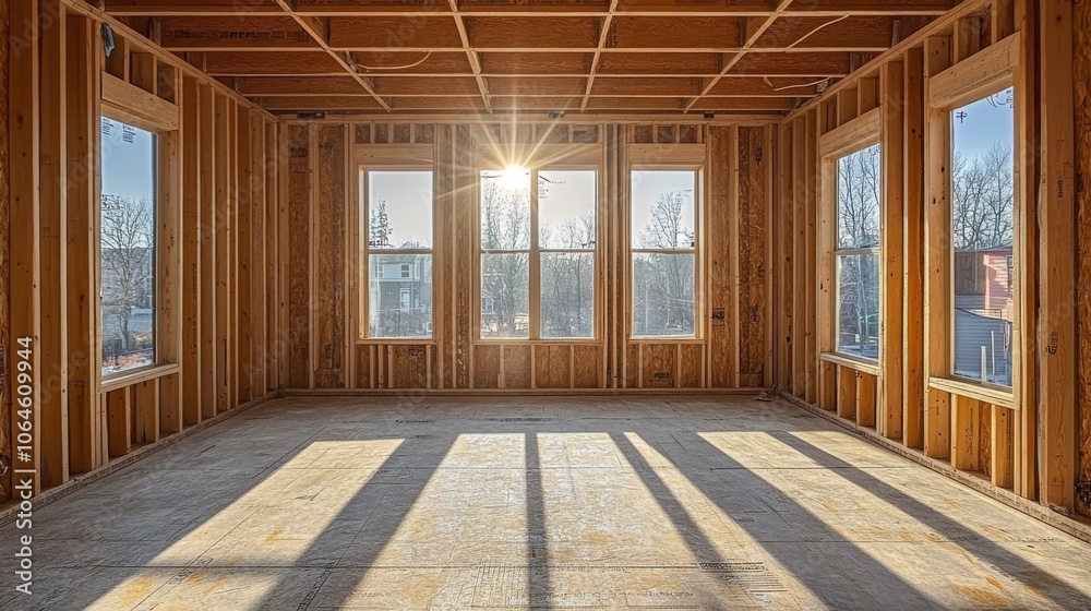 Poster sunlight pours into an unfinished room with wooden beams and framing, highlighting the empty space a