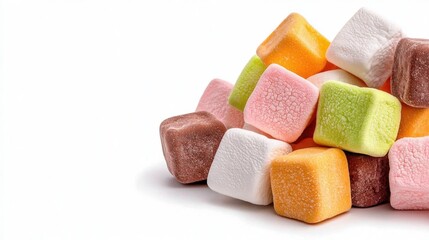A photostock of marshmallows on a white background, fluffy and soft.