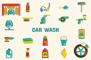 Obraz premium Car Wash Lineal Color Vector Illustration Icon Sticker Set Design Materials