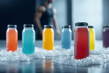 Colorful energy drinks in bottles on ice with out-of-focus background featuring a fit person, emphasizing refreshment and fitness.