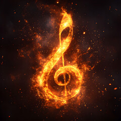 Glowing Music Note Abstract Art with Fiery Flames and Vibrant Color Effects