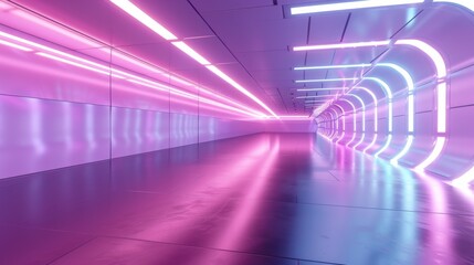 Futuristic corridor with vibrant neon pink and blue lights reflecting on sleek metallic surfaces