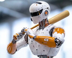 A futuristic robot with an athletic build holds a baseball bat, showcasing advanced technology in sports and robotics.