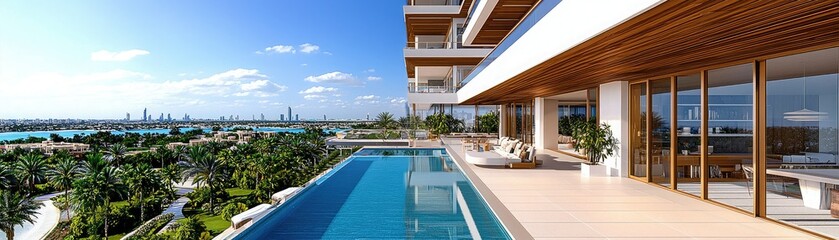A modern villa with a pool, featuring large glass windows and lush greenery, set against a skyline with a tall skyscraper.