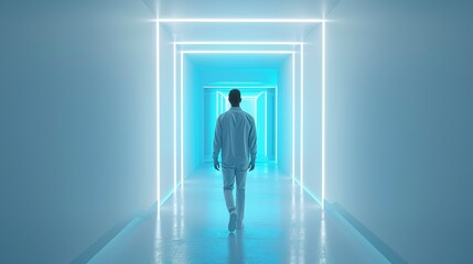 Man back silhouette walking on neon futuristic corridor