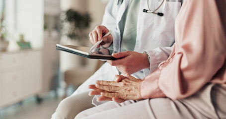 Hands, patient and doctor with tablet, diagnosis and healthcare with neurosurgeon. Brain aneurysm,...
