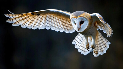 A barn owl gliding silently through the night