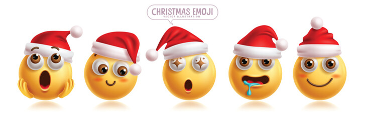 Christmas emoji characters vector set. Emoticons santa claus character in shocked, shy, amazed, lick, silly, hungry, happy and smiling facial expression wearing red hat 3d graphic elements character. 