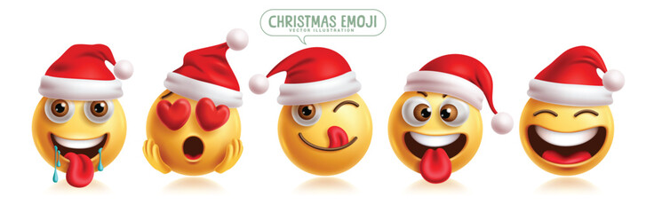 Christmas emoji emoticon characters vector set. Emoticons santa claus character in hungry, in love, lick, naughty, silly, happy, smiling and thirsty facial expression wearing red hat 3d graphic 