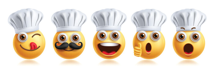 Emoji chef character emoticon vector set. Emoticons cook character in lick, happy, approved, shocked, amazed and smiling facial expression wearing chef hat 3d graphic elements character. Vector 