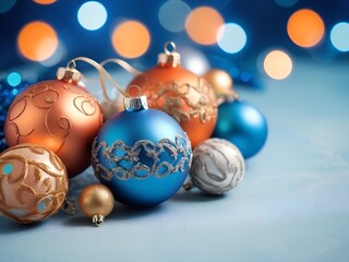 Obraz premium background gradient picture with New Year's blue orange Christmas balls, cold aesthetics AI generated