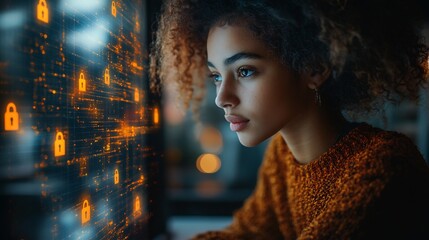 Fototapeta premium Young person learning online protection basics a laptop surrounded by security icons and glowing locks emphasizing selfeducation