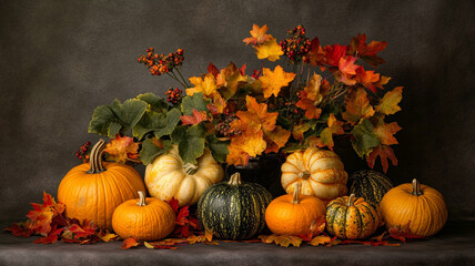 Colorful autumn display of pumpkins and leaves arranged in a rustic setting during fall season