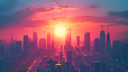 Obraz premium Futuristic city skyline at sunset for cyberpunk or urban themed designs