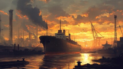 Sunset Over Shipyard with Cargo Vessel and Smoke Stacks