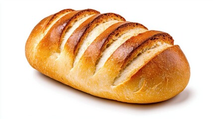 A photostock of rustic bread loaf on a white background, isolated and appetizing.