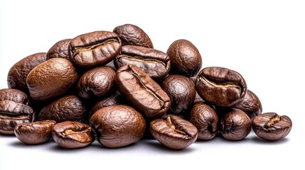Naklejka premium A photostock of scattered coffee beans on a white background, rich and aromatic.