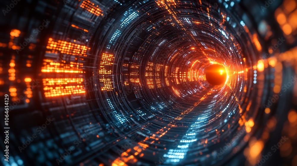 Poster swirling data stream tunnel representing vpn security showcasing protected network communication a d