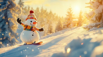 Obraz premium Snowman skiing down a snowy mountain slope.