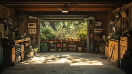 A well-organized garage with an open door revealing a lush garden.