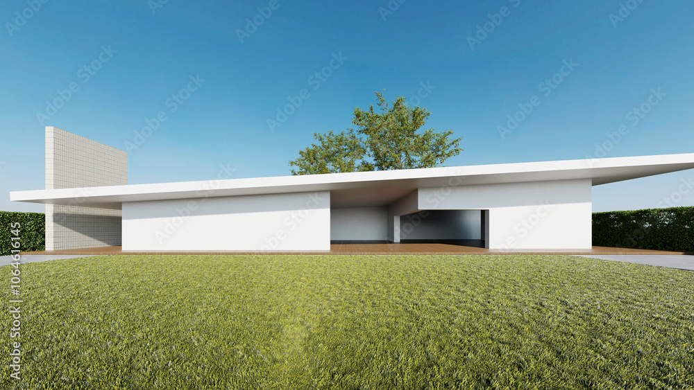 Poster modern building exterior, architecture with large lawn garden, 3d rendering