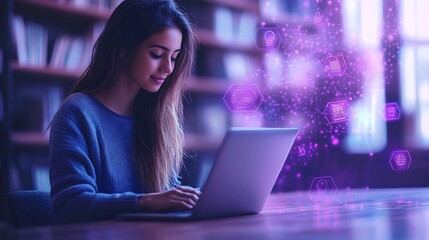 Student using secure campus WiFi network on their laptop with cyber security locks floating around to represent protected digital learning environments