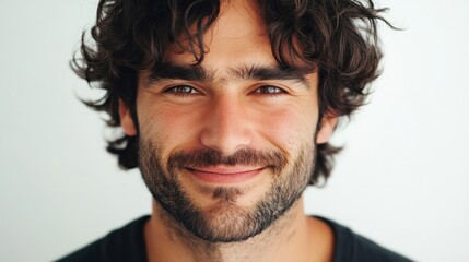 Obraz premium Close-up portrait of a man with thick, textured hair, smiling gently on a clean white background