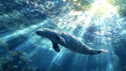 Fototapeta premium Gentle Manatee Gliding Through Sunlit Waters