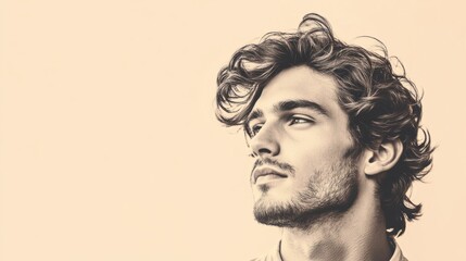 Man with big, wavy hair and casual style, isolated on a soft beige background