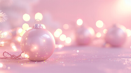 Light pink Christmas background with bokeh lights and a pink Christmas ornament. Pastel colors. Christmas banner with copy space