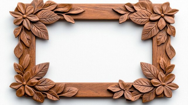 A photostock of a classic wooden picture frame on a white background, rustic and detailed.