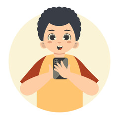 Cute Children Character Holding Smartphone. Gadget Addiction. Cartoon Vector Illustration.