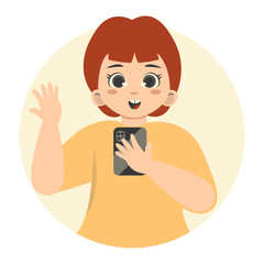 Cute Children Character Holding Smartphone. Gadget Addiction. Cartoon Vector Illustration.