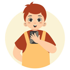 Cute Children Character Holding Smartphone. Gadget Addiction. Cartoon Vector Illustration.