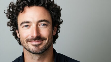 Fototapeta premium Man with rich, fluffy curls and subtle smile, isolated on a simple gray background