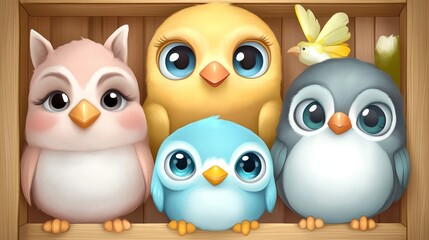 Obraz premium Three birds gather around a wooden birdhouse, one bird finds shelter inside, showcasing charming natural scene.