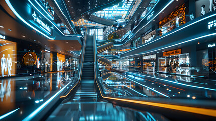 Futuristic Smart Shopping Mall with Interactive Displays and Automated Checkout