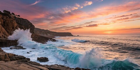 Obraz premium * Ocean waves crashing against a rocky coastline at sunset, blue, nature, water