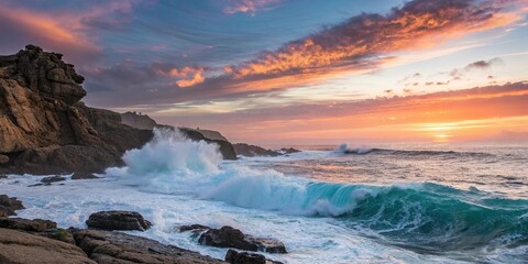 Fototapeta premium * Ocean waves crashing against a rocky coastline at sunset, rock, outdoors, foam, sunset, blue