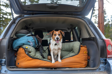 A dog guards the car and gear on a camping trip. Photo series © Tanyastock