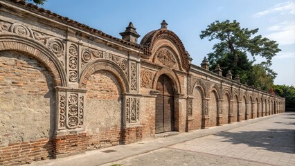 Obraz premium Old brick wall with arches and ornate details, background, exterior, construction