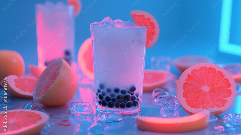 Poster Refreshing Citrus Drink with Ice and Bubbles