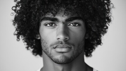 Portrait of a man with big, natural curls, looking confidently at the camera on a plain background