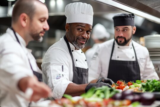 A team of chefs collaborates on a new menu for the restaurant, discussing ingredients and sharing ideas for unique dishes