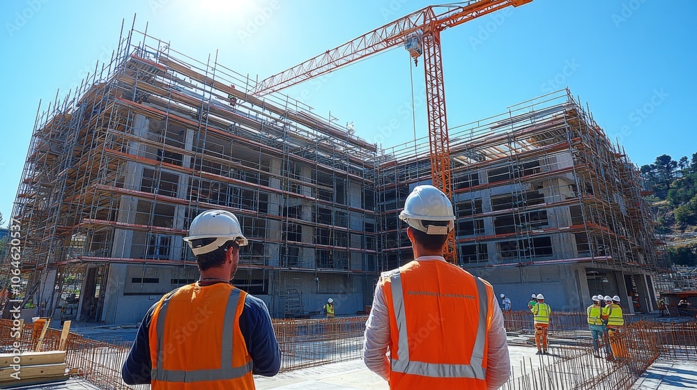 Aufkleber two construction workers in safety gear watch as cranes assist in building a multi-story structure w