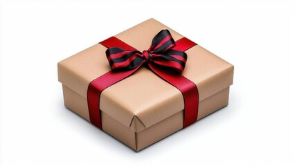 Obraz premium A photostock of a gift box with a red ribbon bow on a white background, festive and isolated.