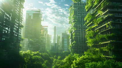 Obraz premium Green city of the future. City of the future. Harmony of city and nature. Sunny day in the big city
