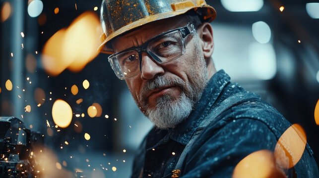 An old worker in overalls and a helmet with glasses, working on an angle grinder and electric chainsaw at a large modern factory.