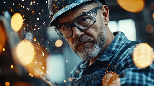 An old worker in overalls and a helmet with glasses, working on an angle grinder and electric chainsaw at a large modern factory.