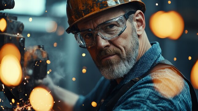 An old worker in overalls and a helmet with glasses, working on an angle grinder and electric chainsaw at a large modern factory.